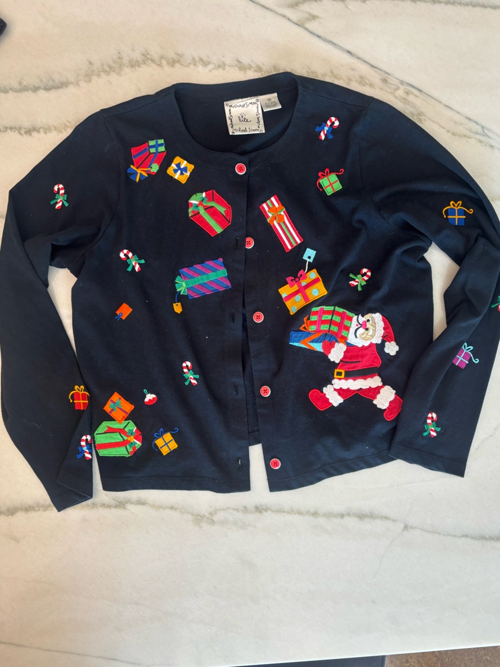 Vintage 90s Michael Simon Cotton Knit Christmas Embroidered Grannycore Cardigan